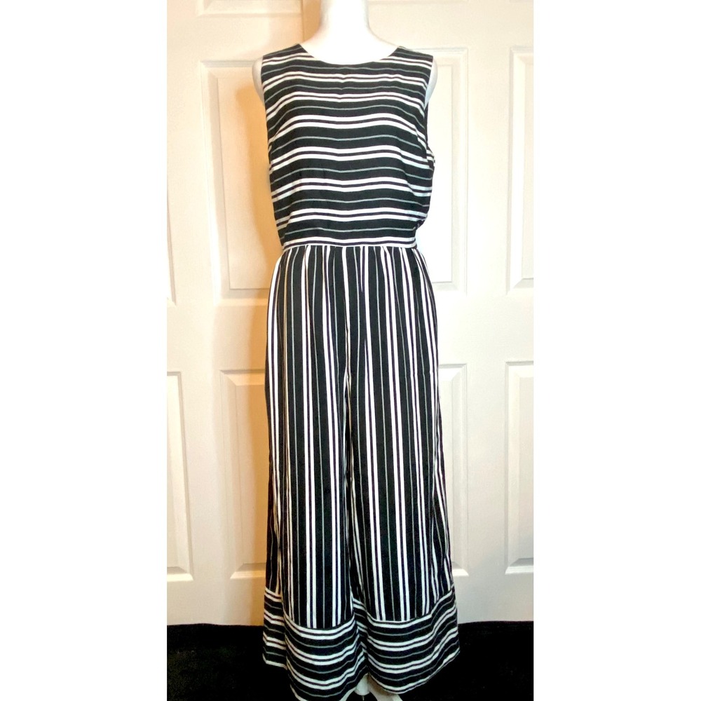 Everly Women Black White Striped Sleeveless Wide Leg Jumpsuit Size